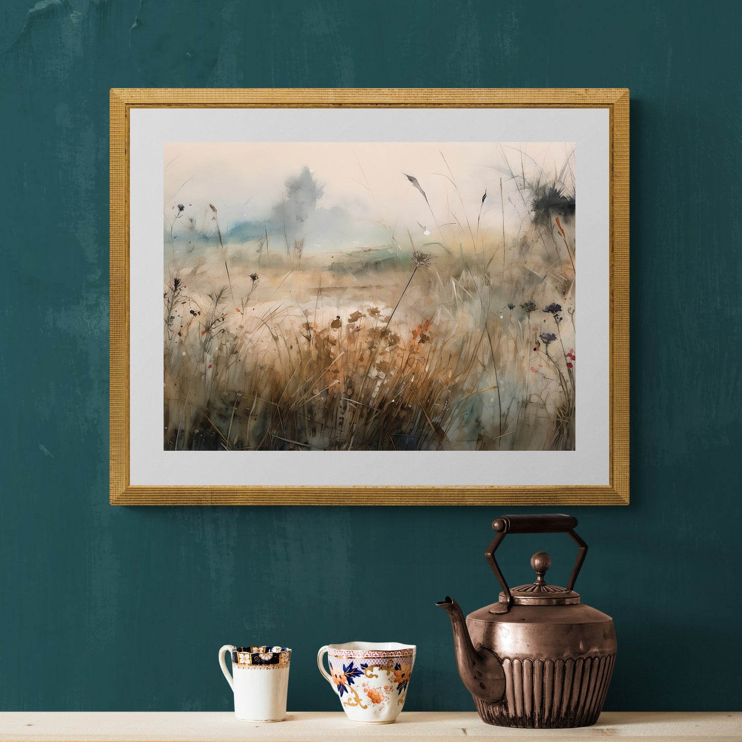 Foggy Morning Meadow Art Paper Poster Prints Impressionistic Wildflower Print, Earth Tone Wall Decor, Soft Grey-Blue Trees, Nature Painting, Serene