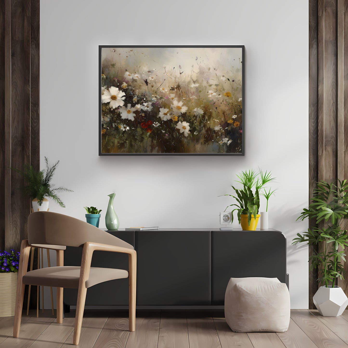 Vivid Wildflower Meadow Art Paper Poster Prints Modern Impressionistic Oil Painting, Bottom View Perspective, Detailed Flower Portrait Wall Decor