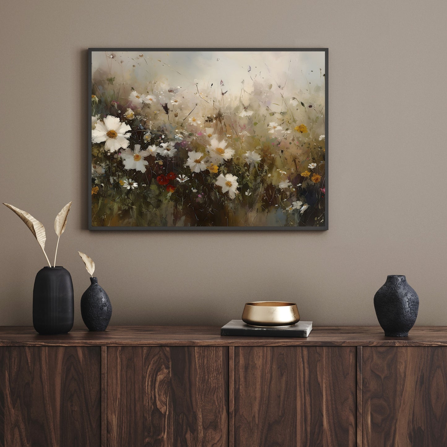 Vivid Wildflower Meadow Art Paper Poster Prints Modern Impressionistic Oil Painting, Bottom View Perspective, Detailed Flower Portrait Wall Decor