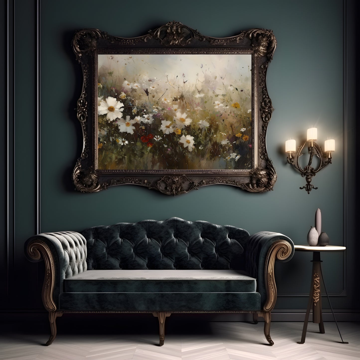 Vivid Wildflower Meadow Art Paper Poster Prints Modern Impressionistic Oil Painting, Bottom View Perspective, Detailed Flower Portrait Wall Decor