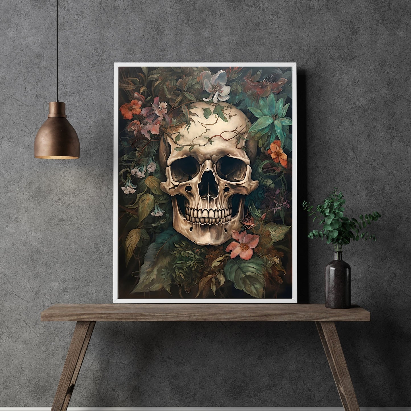 Totenkopf & Blumen Wandkunst Vintage Ölgemälde, Dark Academia, Gothic, Botanisch, Moody Goth Dekor, Dark Cottagecore, Dark Room Papier Posterdrucke