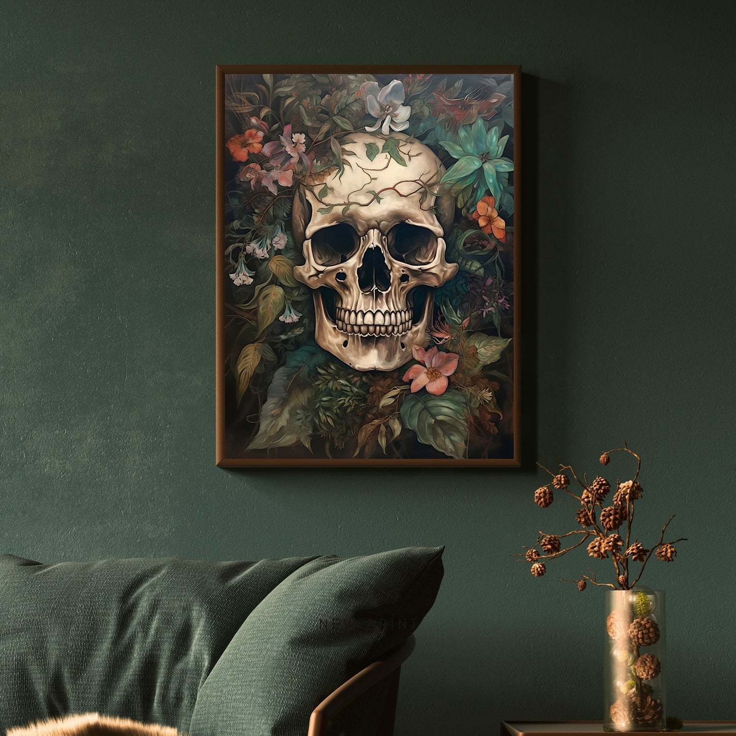 Totenkopf & Blumen Wandkunst Vintage Ölgemälde, Dark Academia, Gothic, Botanisch, Moody Goth Dekor, Dark Cottagecore, Dark Room Papier Posterdrucke