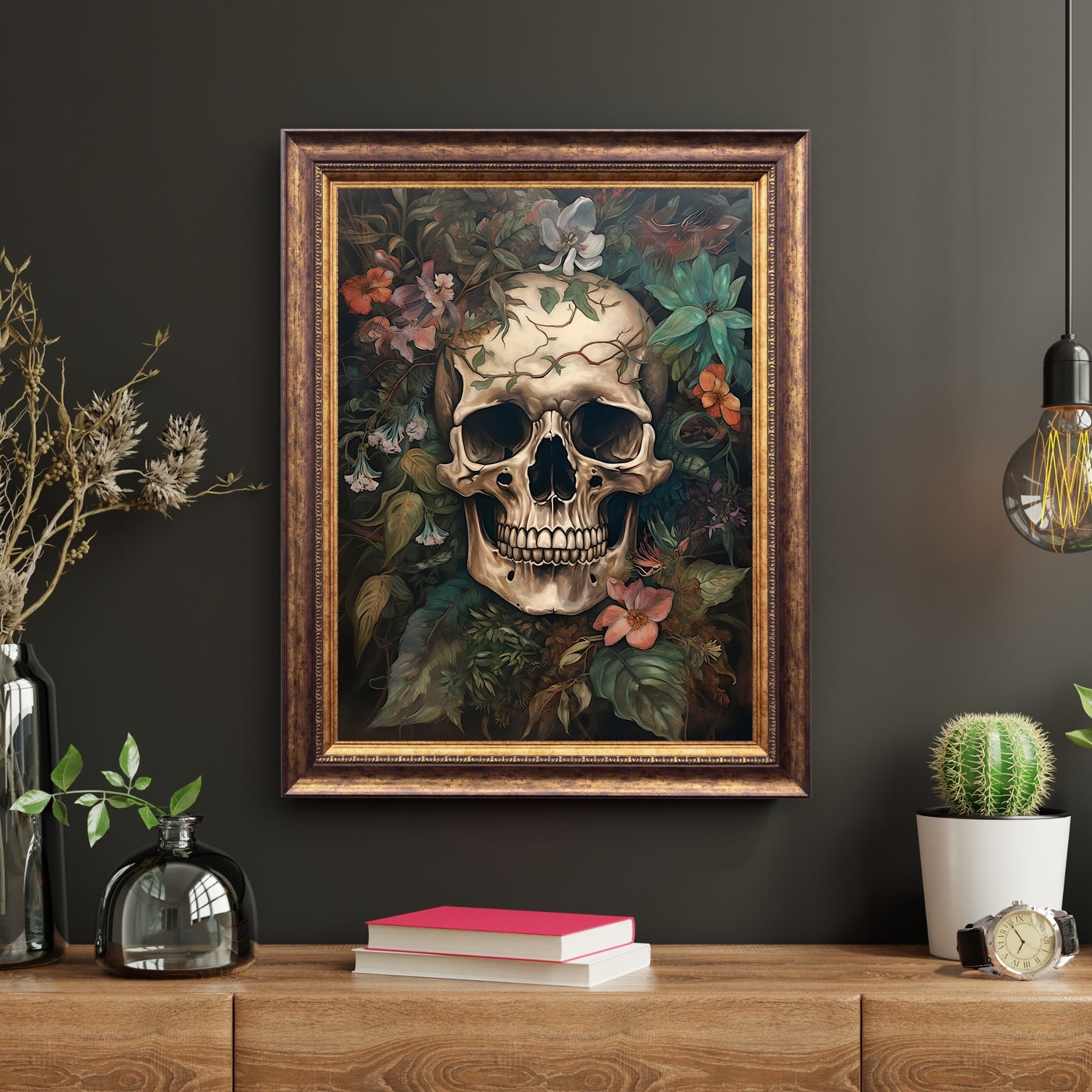 Totenkopf & Blumen Wandkunst Vintage Ölgemälde, Dark Academia, Gothic, Botanisch, Moody Goth Dekor, Dark Cottagecore, Dark Room Papier Posterdrucke