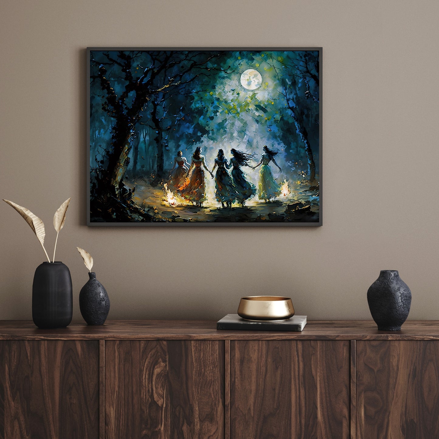Witches at Full Moon Wall Art, Gothic Decor, Impressionistic Painting, Nightsky, Woodland, Bonfire Light, Mystical Atmosphere Paper Poster Prints