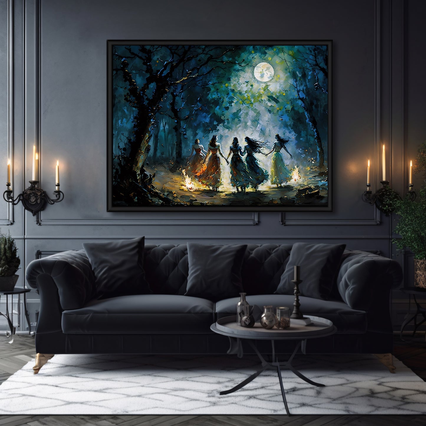 Witches at Full Moon Wall Art, Gothic Decor, Impressionistic Painting, Nightsky, Woodland, Bonfire Light, Mystical Atmosphere Paper Poster Prints