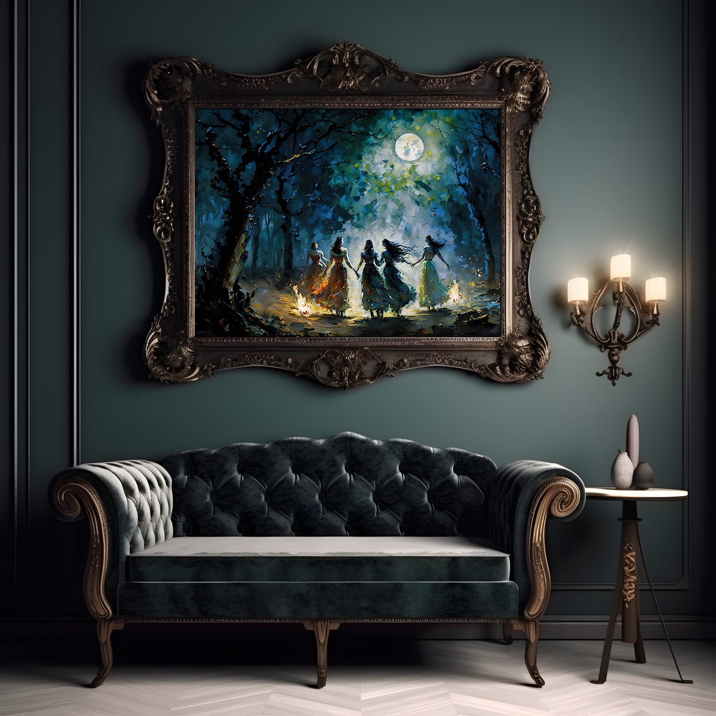 Witches at Full Moon Wall Art, Gothic Decor, Impressionistic Painting, Nightsky, Woodland, Bonfire Light, Mystical Atmosphere Paper Poster Prints