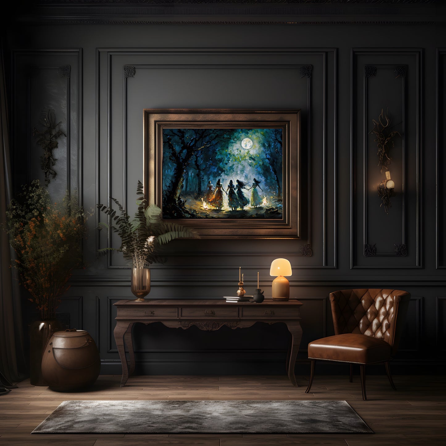 Witches at Full Moon Wall Art, Gothic Decor, Impressionistic Painting, Nightsky, Woodland, Bonfire Light, Mystical Atmosphere Paper Poster Prints