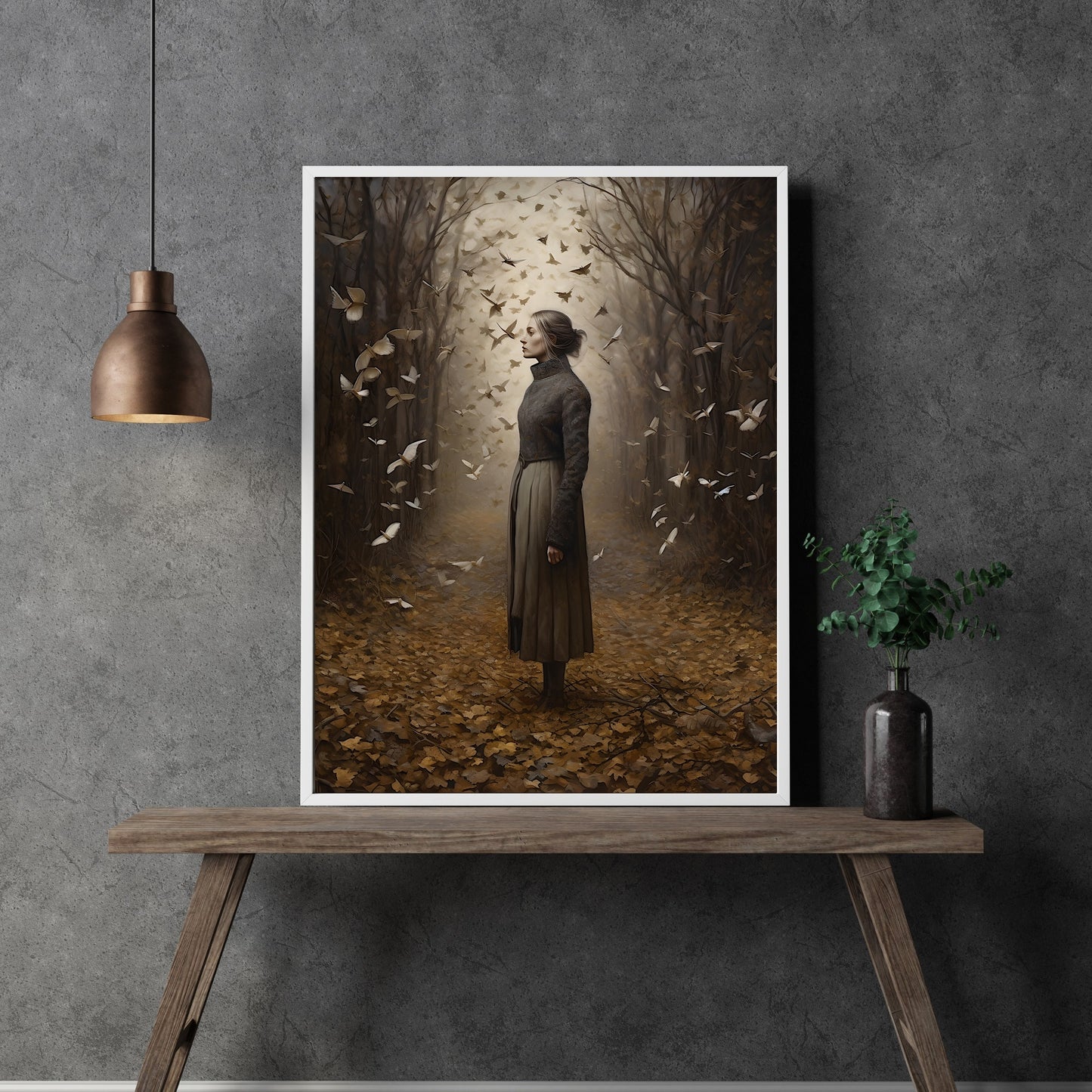Queen of Moths Moody Wall Art, Woman in Misty Autumn Woodland, Surrounded by Moths, Dark Mystical Painting, Dark Home Decor Paper Poster Prints