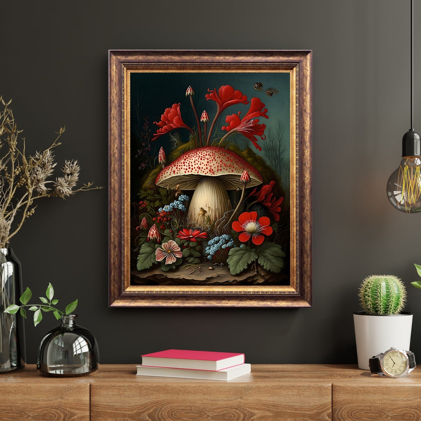 Pilze und Blumen im Wald Wandkunst, Dark Academia, Goblincore, Botanisches Dekor, Witchy Gothic Cottagecore, Pilz-Kunstpapier-Posterdrucke