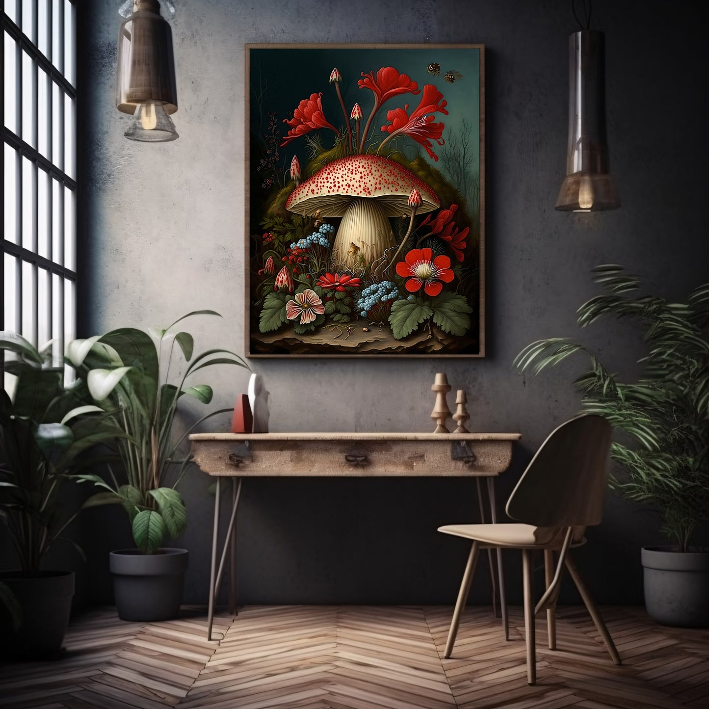 Pilze und Blumen im Wald Wandkunst, Dark Academia, Goblincore, Botanisches Dekor, Witchy Gothic Cottagecore, Pilz-Kunstpapier-Posterdrucke