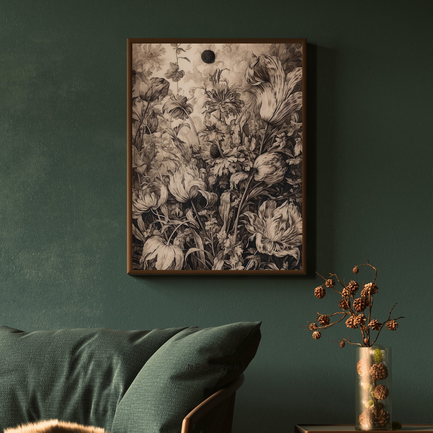 Antique Moody Landscape Painting Paper Poster Prints Brown Beige Art, Country Landscape with Flower, Earth Tone Baroque Art, Vintage Scenery Print