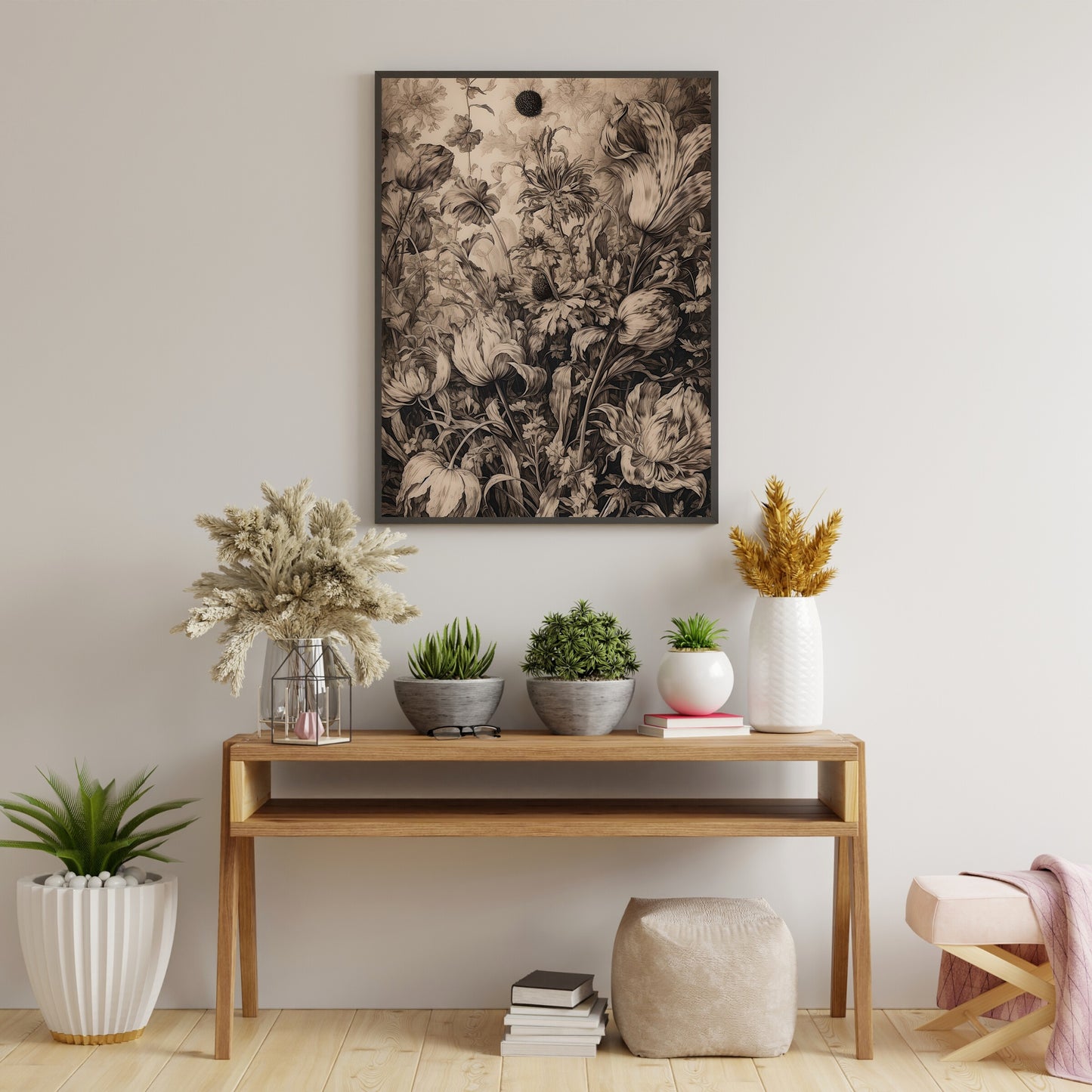 Antique Moody Landscape Painting Paper Poster Prints Brown Beige Art, Country Landscape with Flower, Earth Tone Baroque Art, Vintage Scenery Print