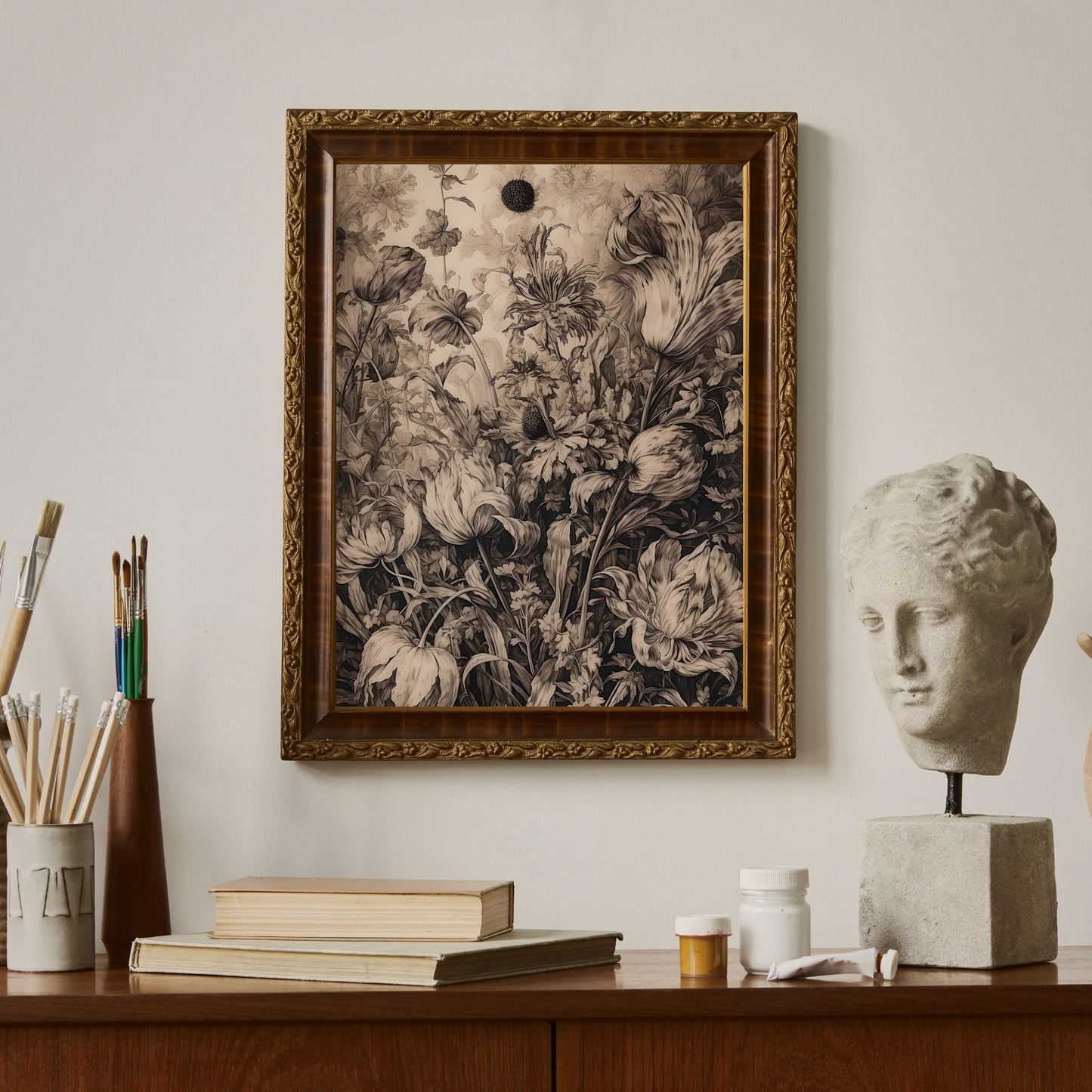 Antique Moody Landscape Painting Paper Poster Prints Brown Beige Art, Country Landscape with Flower, Earth Tone Baroque Art, Vintage Scenery Print