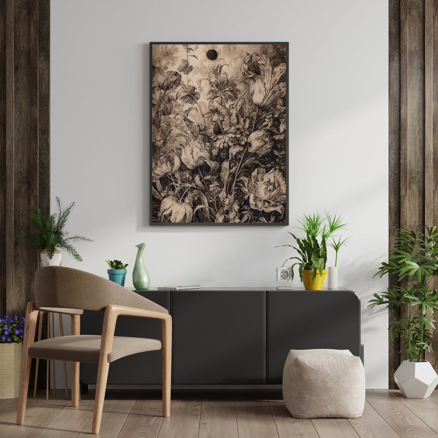 Antique Moody Landscape Painting Paper Poster Prints Brown Beige Art, Country Landscape with Flower, Earth Tone Baroque Art, Vintage Scenery Print