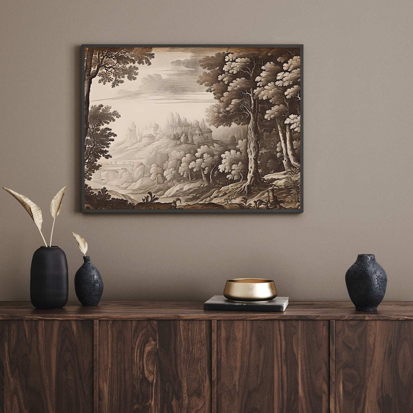 Antique Moody Landscape Painting Brown Beige Paper Poster Prints Art, Country Landscape with Castle, Earth Tone Baroque Art, Vintage Scenery Print