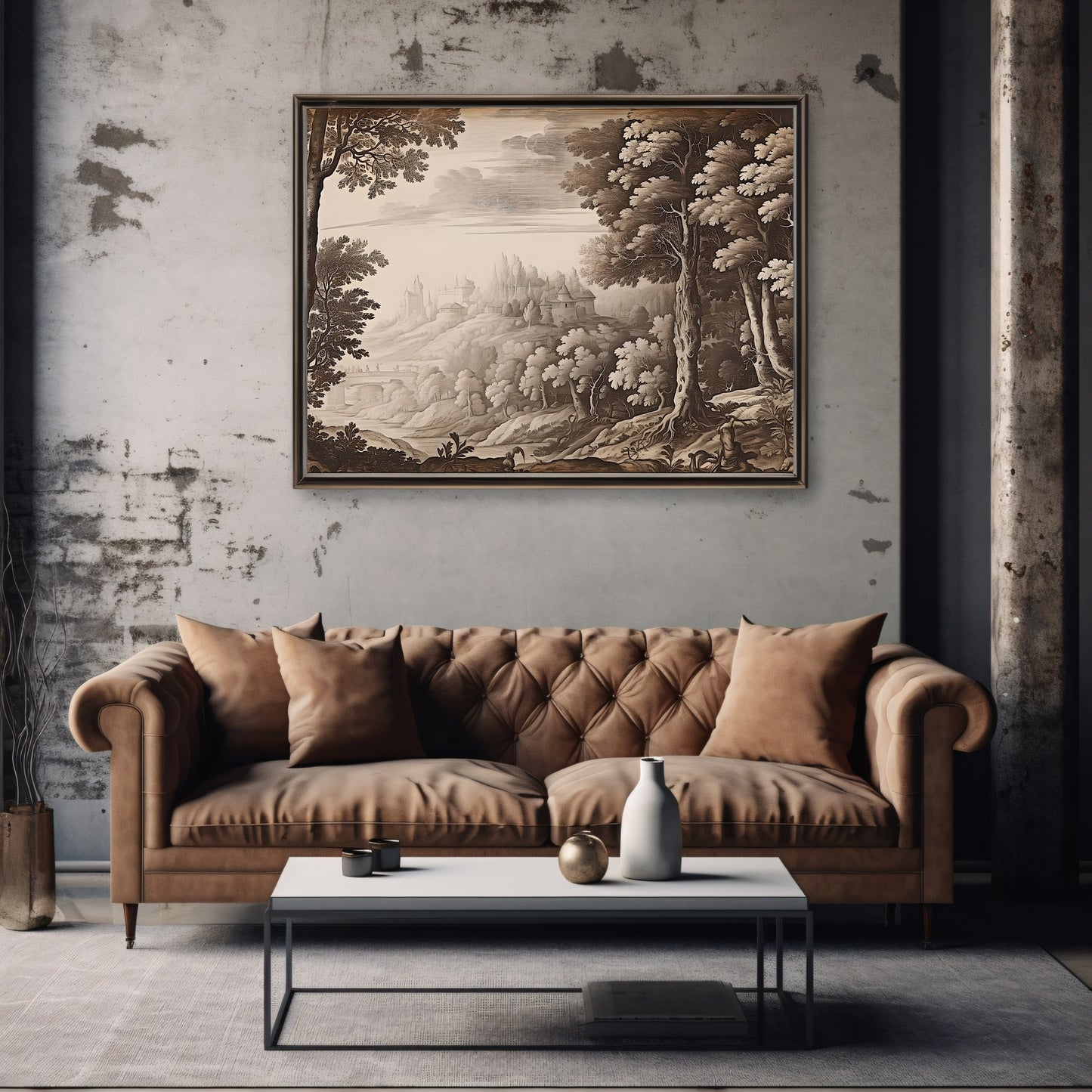 Antique Moody Landscape Painting Brown Beige Paper Poster Prints Art, Country Landscape with Castle, Earth Tone Baroque Art, Vintage Scenery Print