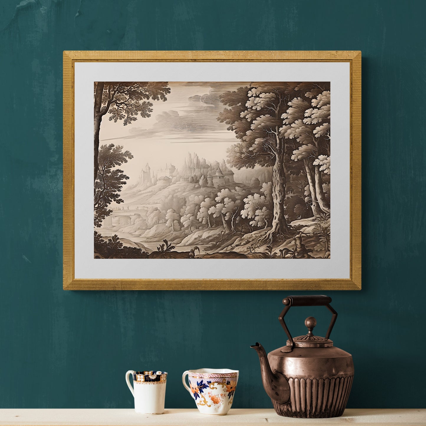 Antique Moody Landscape Painting Brown Beige Paper Poster Prints Art, Country Landscape with Castle, Earth Tone Baroque Art, Vintage Scenery Print