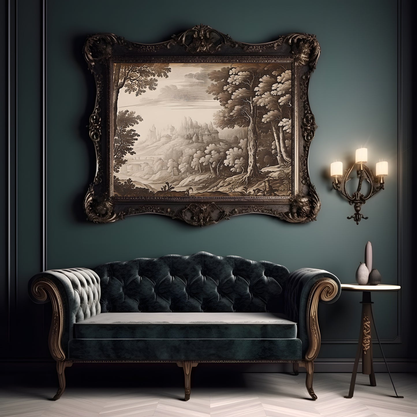 Antique Moody Landscape Painting Brown Beige Paper Poster Prints Art, Country Landscape with Castle, Earth Tone Baroque Art, Vintage Scenery Print