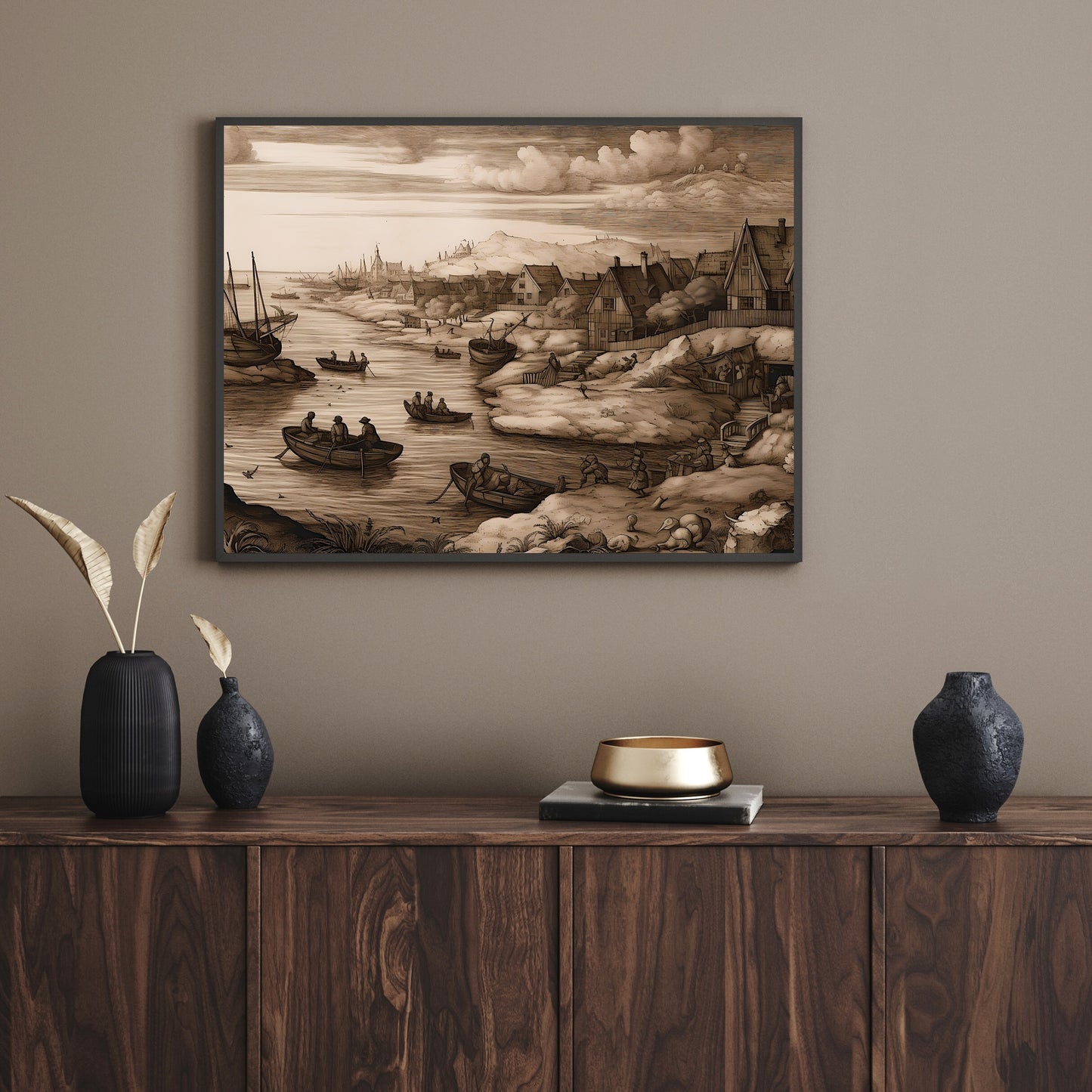 Antique Moody Seascape Painting Brown Beige Paper Poster Prints Country Landscape with Fishermen, Earth Tone Baroque Art Vintage Scenery Print