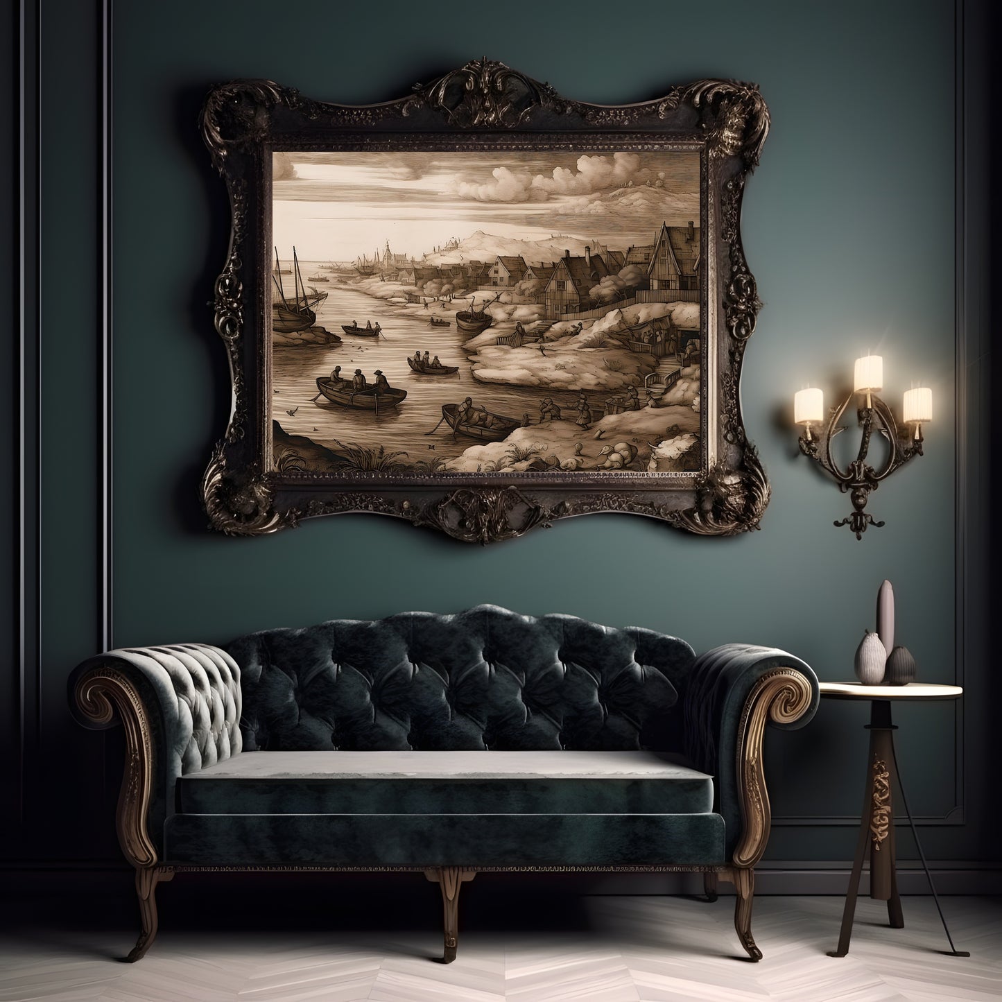 Antique Moody Seascape Painting Brown Beige Paper Poster Prints Country Landscape with Fishermen, Earth Tone Baroque Art Vintage Scenery Print