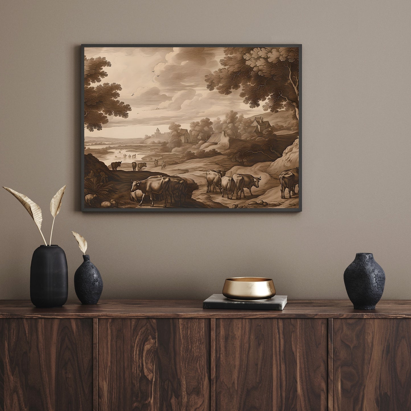 Antique Moody Rural Painting, Brown Beige Paper Poster Prints Country Landscape with Animals, Earth Tone Baroque Art, Vintage Scenery Print