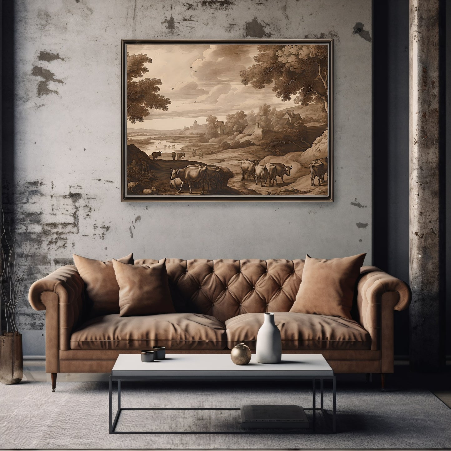 Antique Moody Rural Painting, Brown Beige Paper Poster Prints Country Landscape with Animals, Earth Tone Baroque Art, Vintage Scenery Print