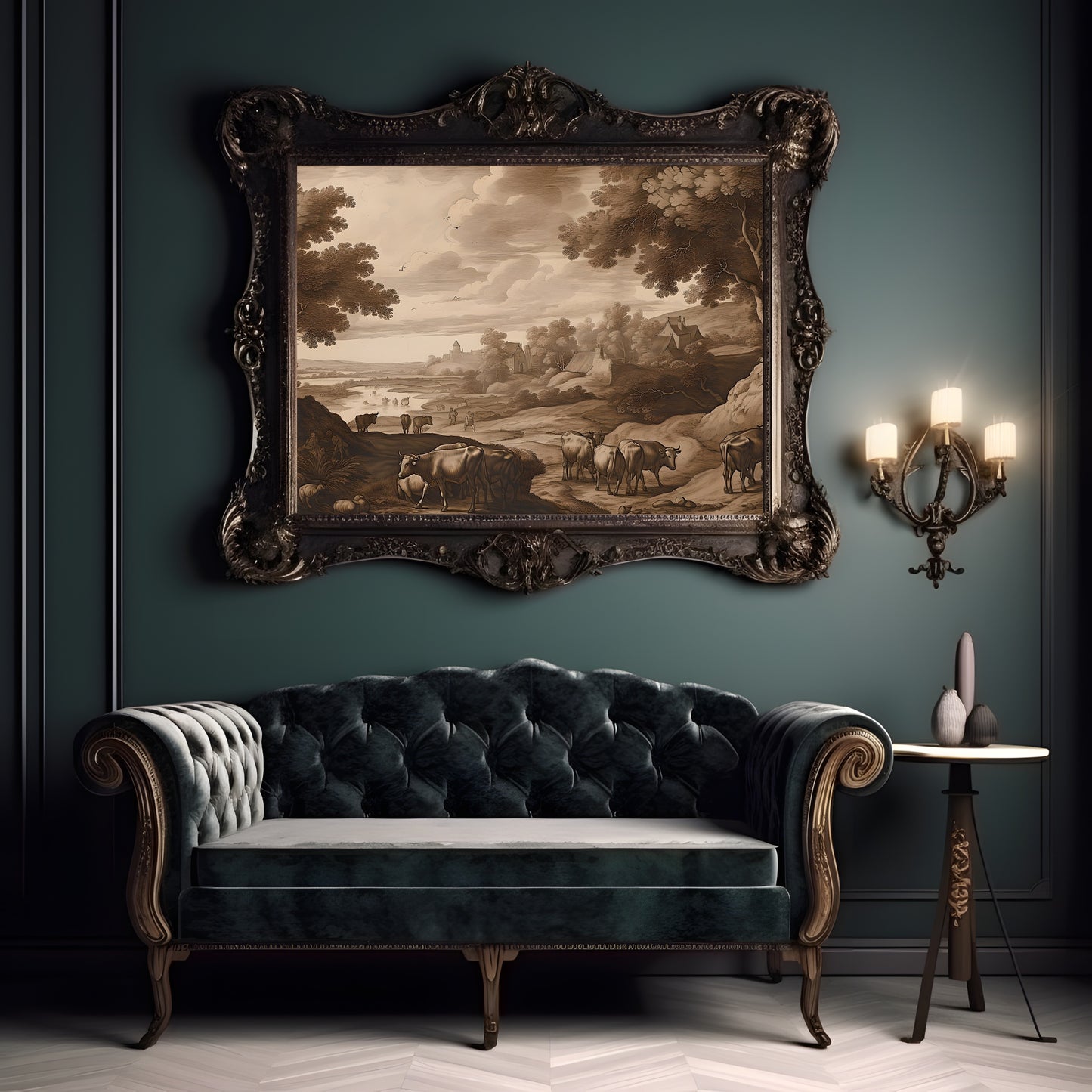 Antique Moody Rural Painting, Brown Beige Paper Poster Prints Country Landscape with Animals, Earth Tone Baroque Art, Vintage Scenery Print