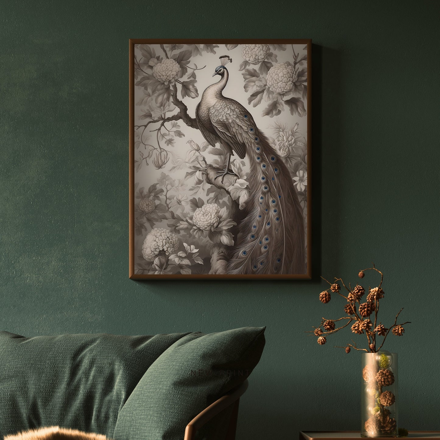 Antique Moody Peacock Painting, Brown Beige Paper Poster Prints Peacock sitting in Tree, Earth Tone Baroque Art, Vintage Scenery Print