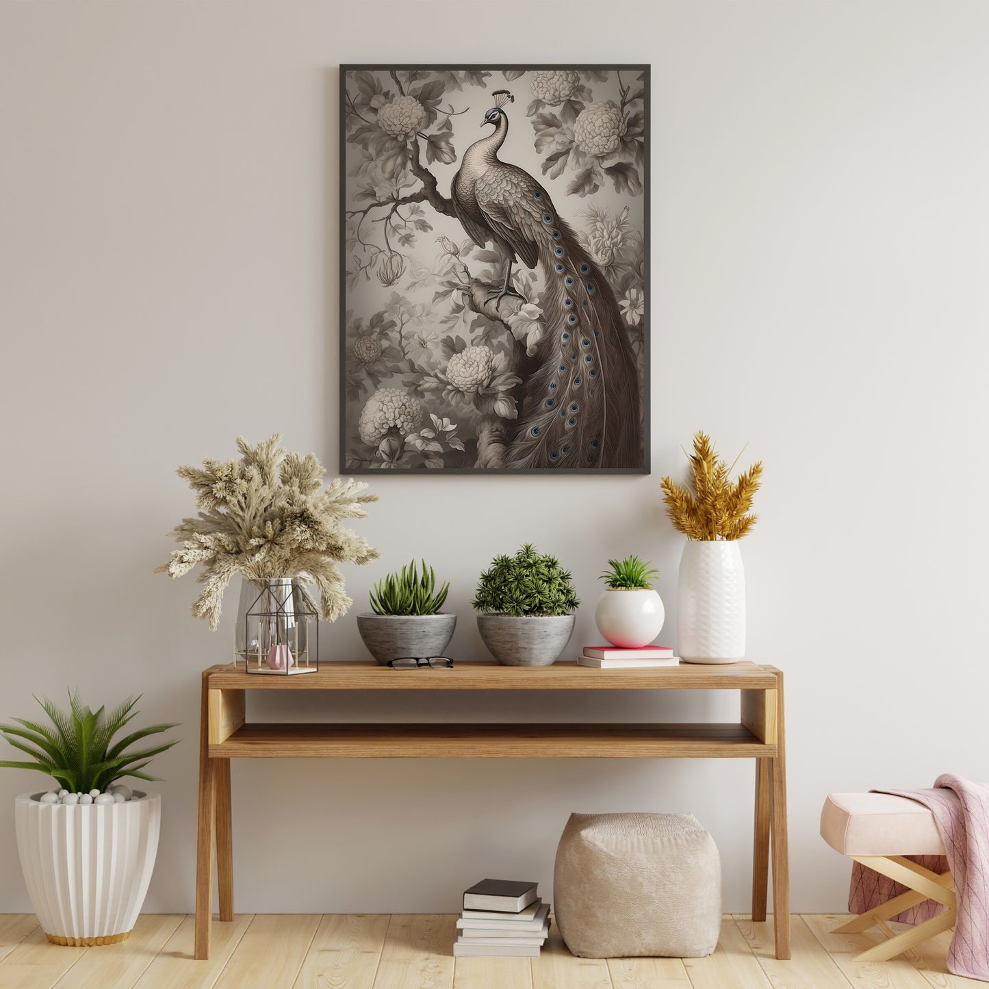 Antique Moody Peacock Painting, Brown Beige Paper Poster Prints Peacock sitting in Tree, Earth Tone Baroque Art, Vintage Scenery Print