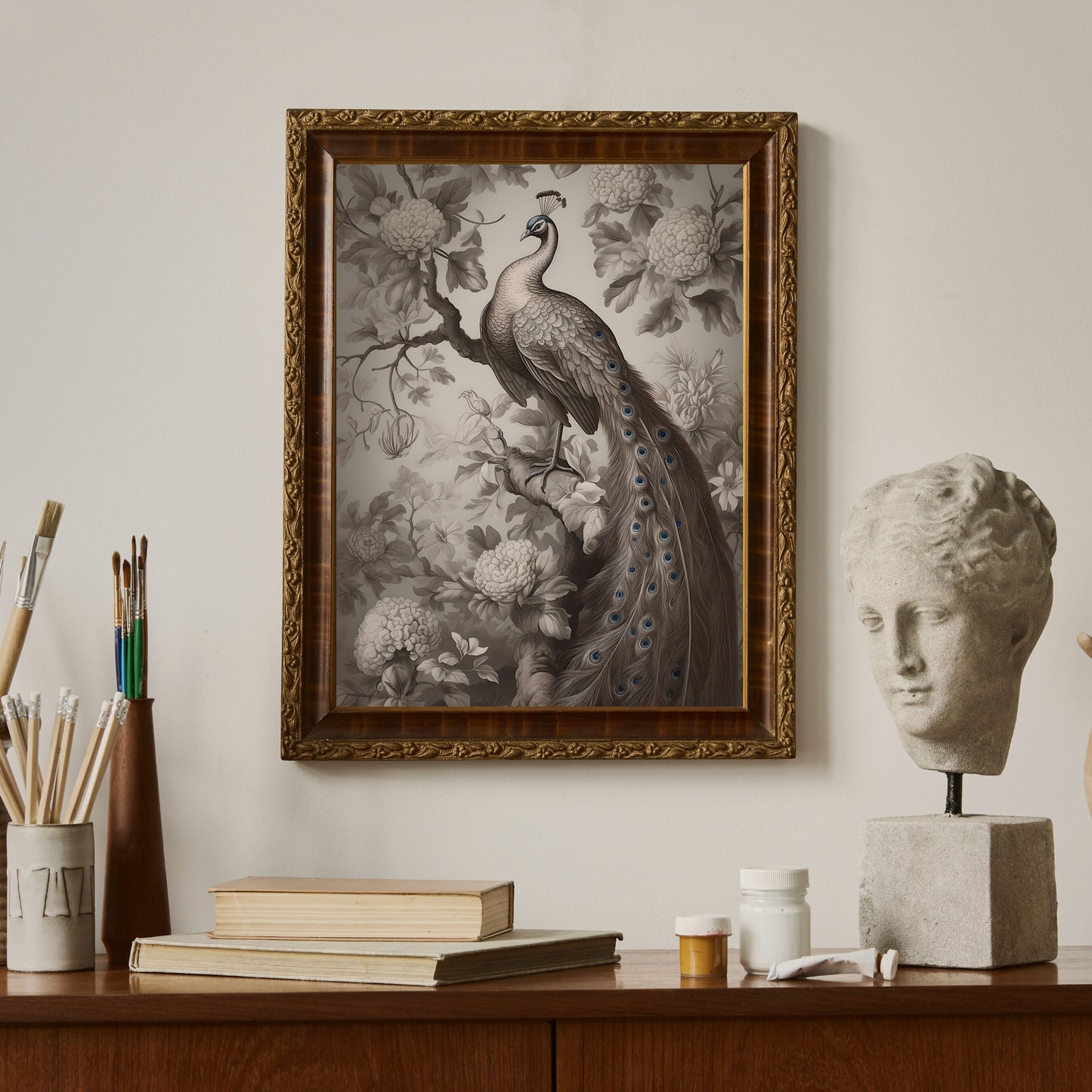 Antique Moody Peacock Painting, Brown Beige Paper Poster Prints Peacock sitting in Tree, Earth Tone Baroque Art, Vintage Scenery Print