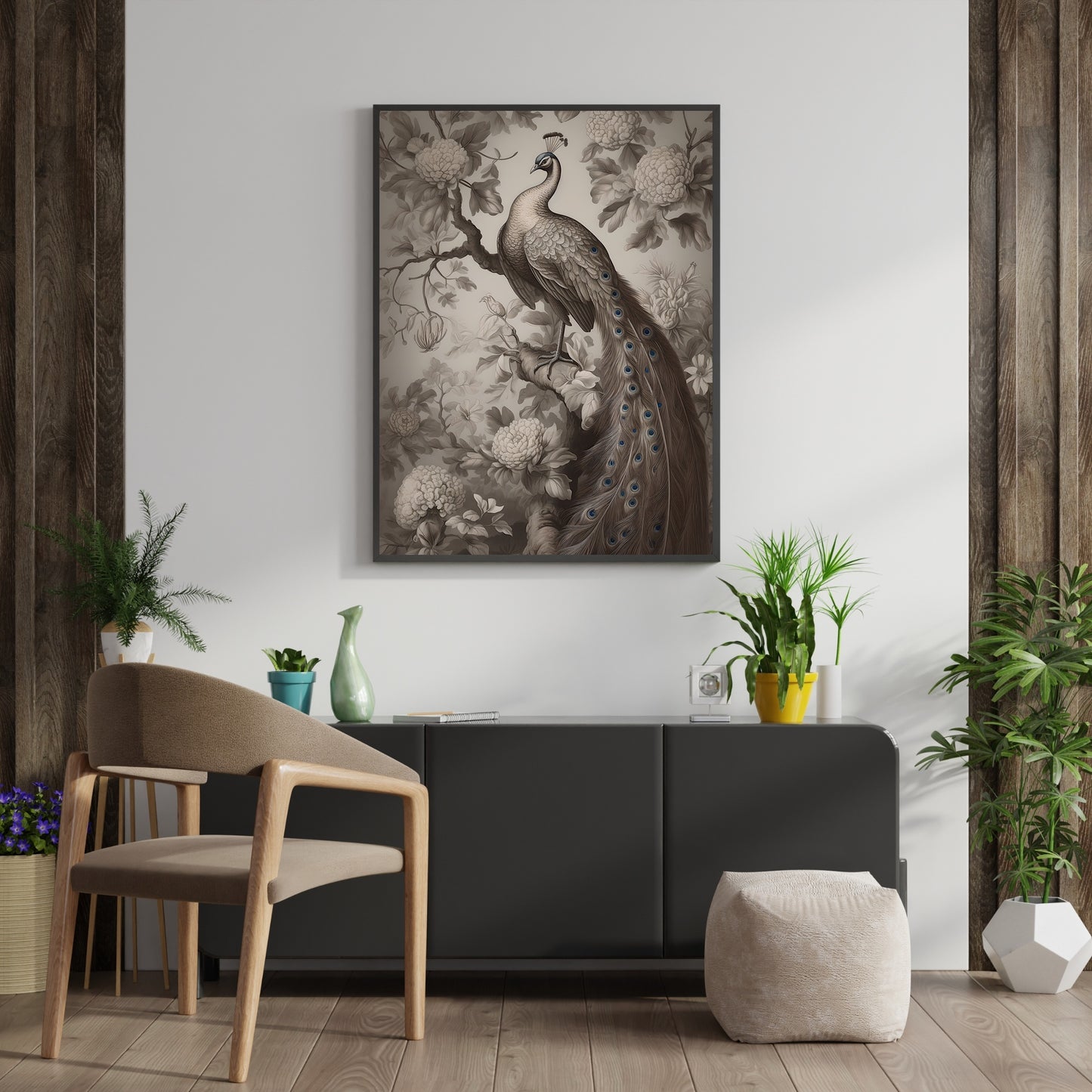 Antique Moody Peacock Painting, Brown Beige Paper Poster Prints Peacock sitting in Tree, Earth Tone Baroque Art, Vintage Scenery Print