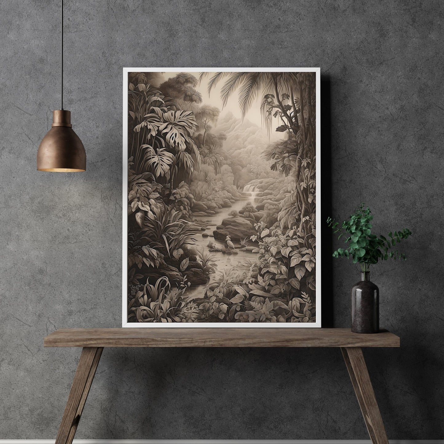 Antique Moody Tropical Painting Brown Beige Paper Poster Prints Tropical Rainforest, Earth Tone Baroque Art, Vintage Scenery Print