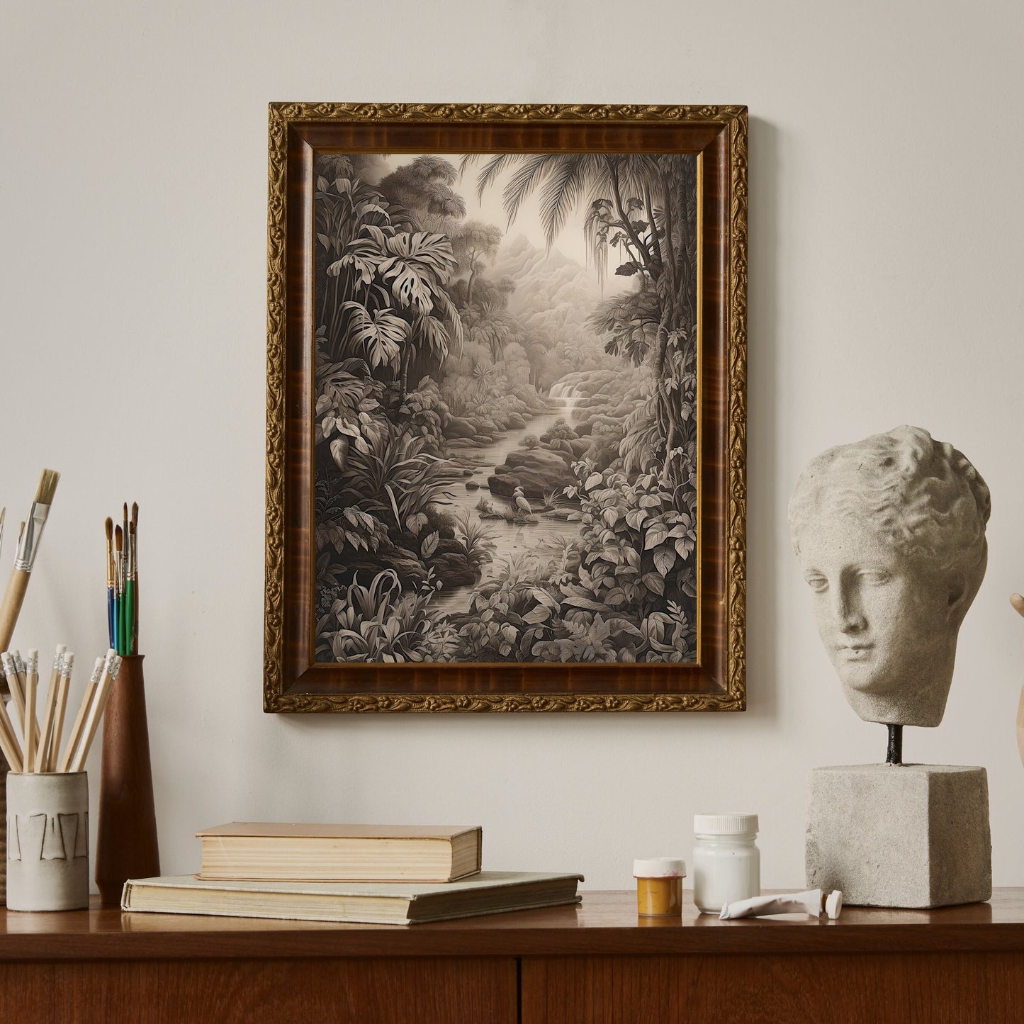 Antique Moody Tropical Painting Brown Beige Paper Poster Prints Tropical Rainforest, Earth Tone Baroque Art, Vintage Scenery Print