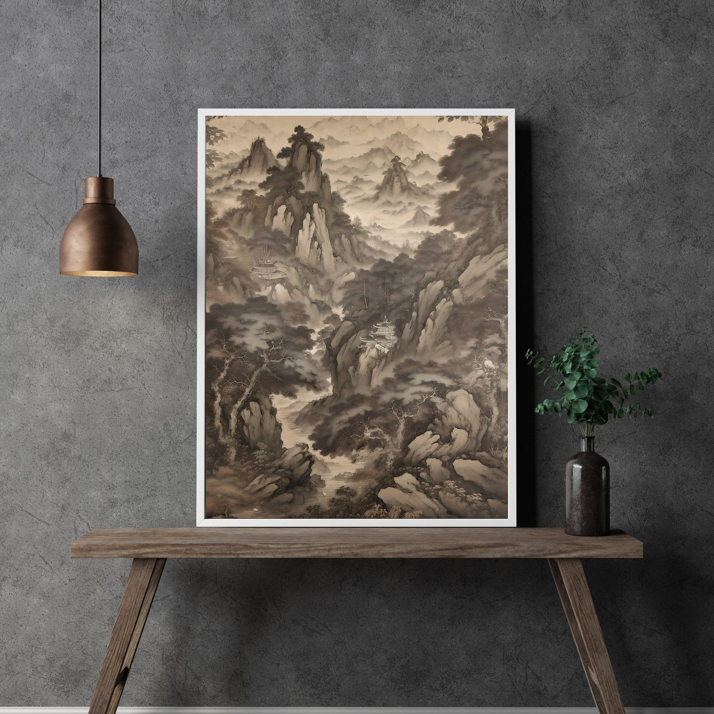 Antique Moody Japanese Painting, Brown Beige Paper Poster Prints Japanese mountains and monasteries, Earth Tone Baroque, Vintage Scenery Print