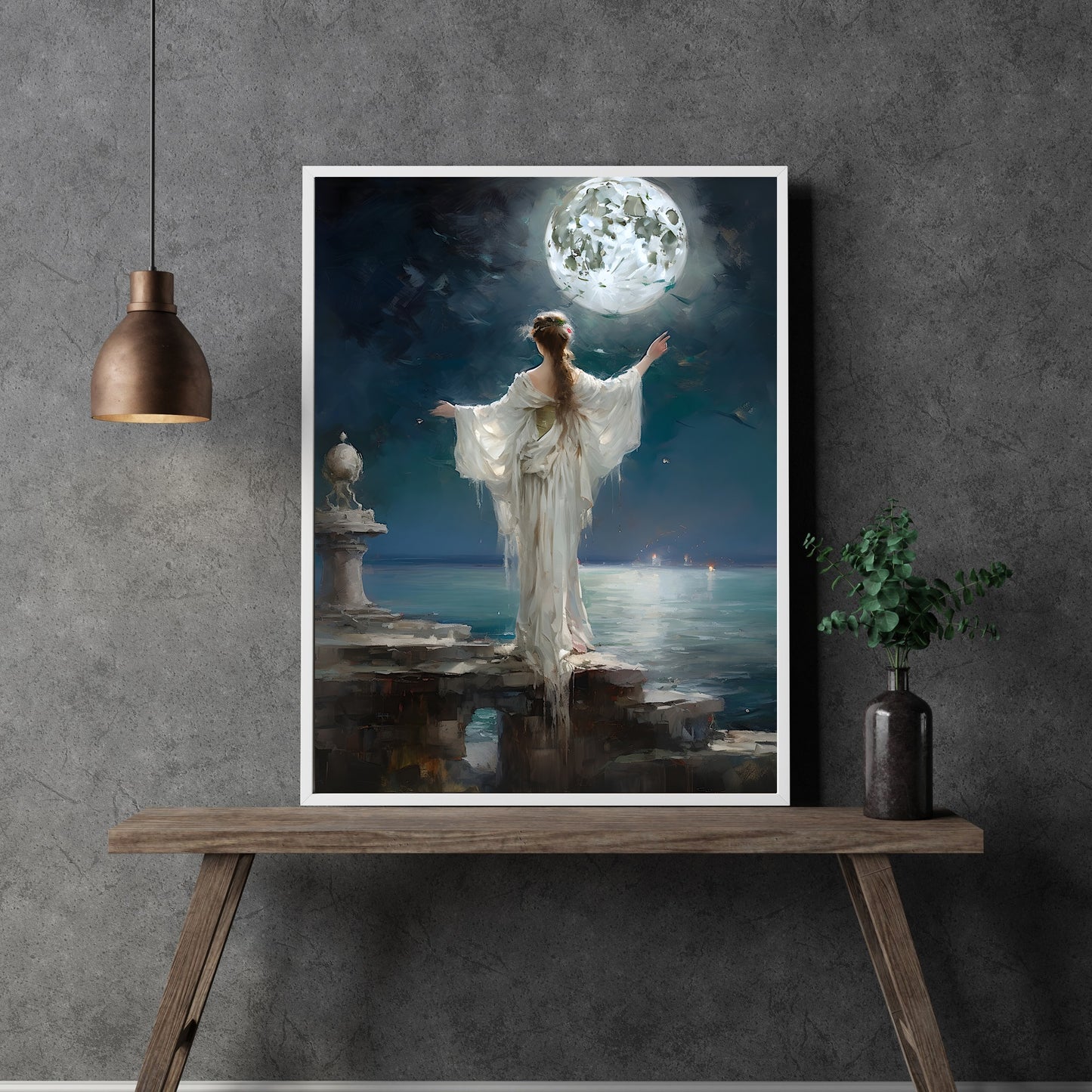 Frau, die zum Vollmond betet, antike Wandkunst, Szene mit Meeresruinen, romantisches Ölgemälde, mystisches Meeresdekor, Vintage-Ästhetik, Luna-Papier-Posterdrucke