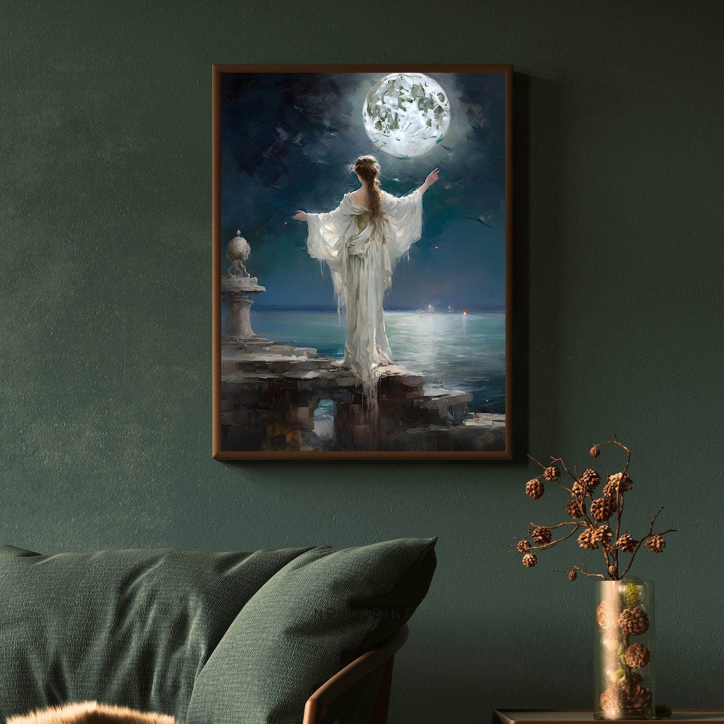 Frau, die zum Vollmond betet, antike Wandkunst, Szene mit Meeresruinen, romantisches Ölgemälde, mystisches Meeresdekor, Vintage-Ästhetik, Luna-Papier-Posterdrucke
