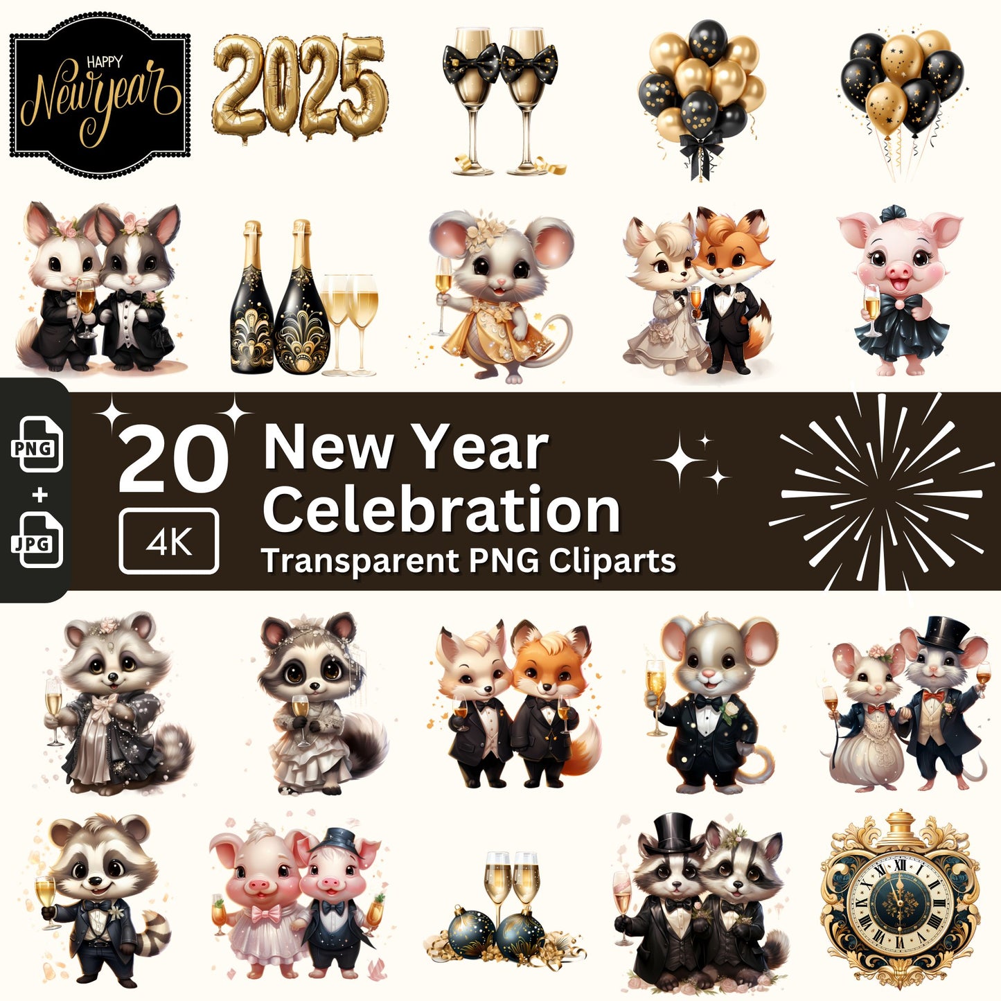 Neujahrsfeier Clipart 20 PNG Bundle Süße Kawaii Cartoon Tiere Silvester Party Schwarz und Gold Grafik Silvester Party Design