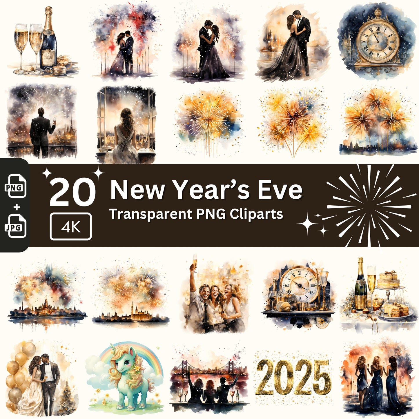 Silvester Clipart 20 PNG Bundle Festliche Neujahrsfeier Designs Schwarz und Gold Aquarell Grafik Neujahr Feuerwerk Party