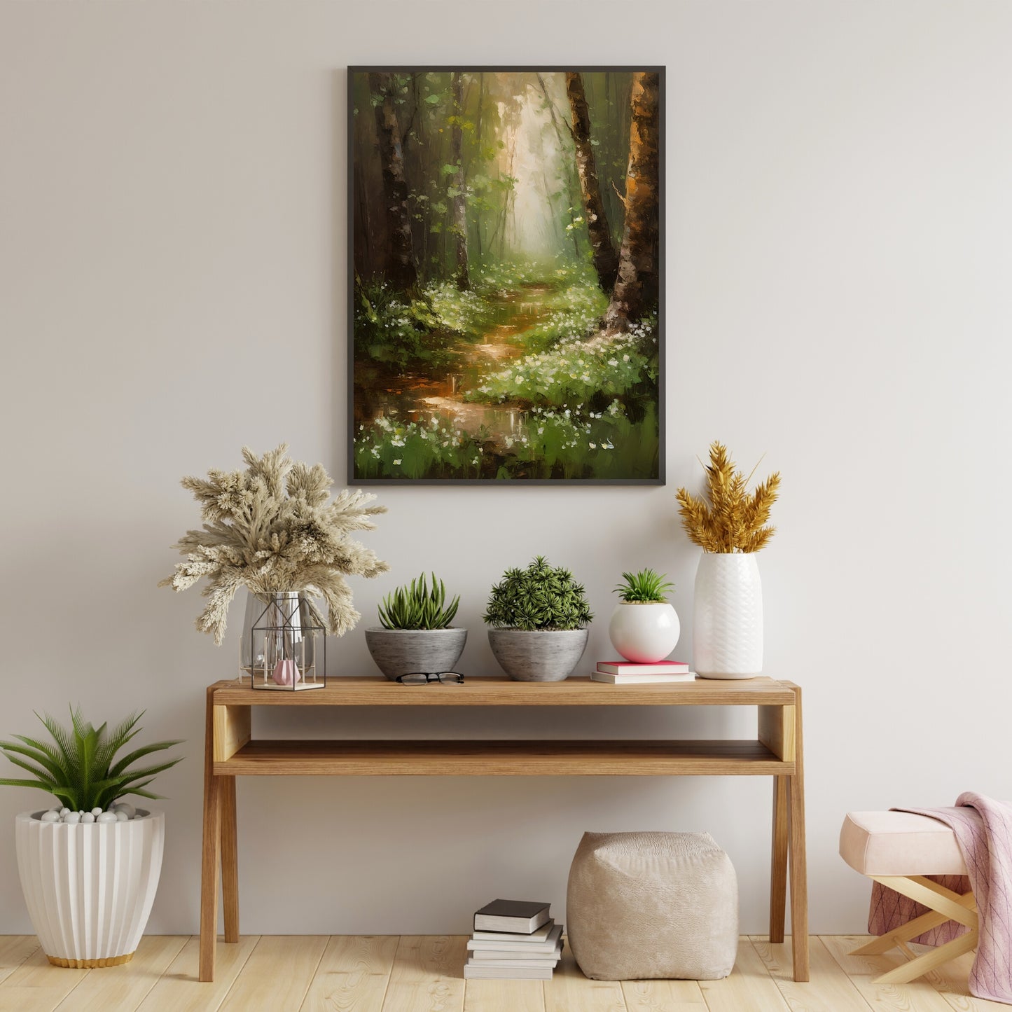 Birch Tree Woodland Lily of the Valley Wall Art Oil Painting Paper Poster Prints Vintage Cottagecore Wall Art Woodland Flower Painting Impressionistic