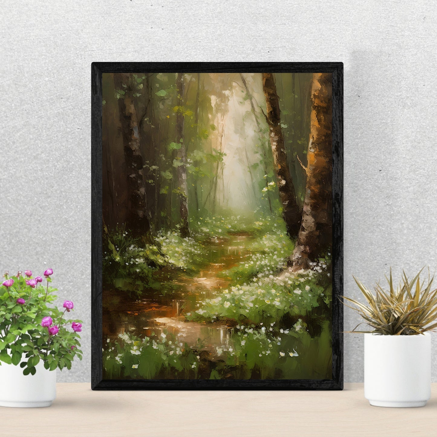 Birch Tree Woodland Lily of the Valley Wall Art Oil Painting Paper Poster Prints Vintage Cottagecore Wall Art Woodland Flower Painting Impressionistic
