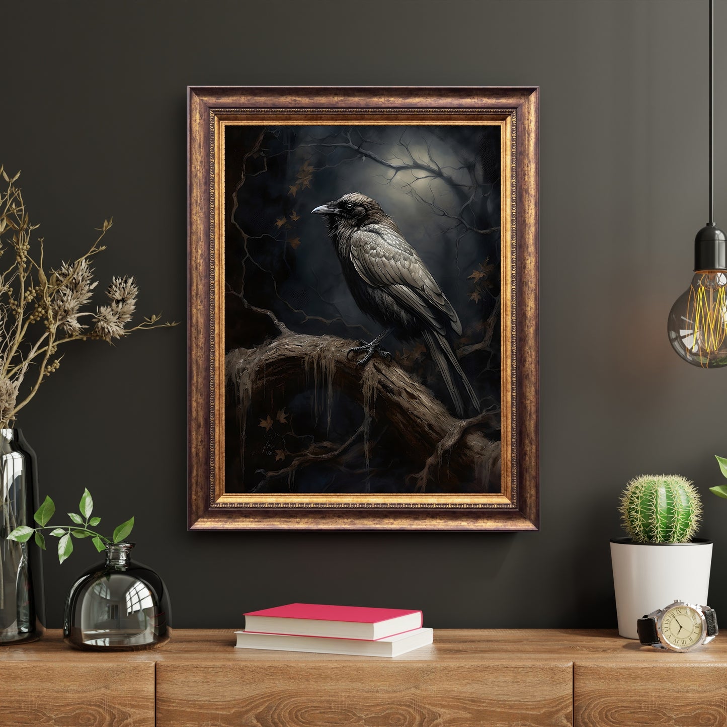 Black Raven in Dark Forest Gothic Wall Art Dark Academia Goblincore Victorian Moody Antique Painting Witchy Gothic Cottagecore Decor Paper Poster Prints