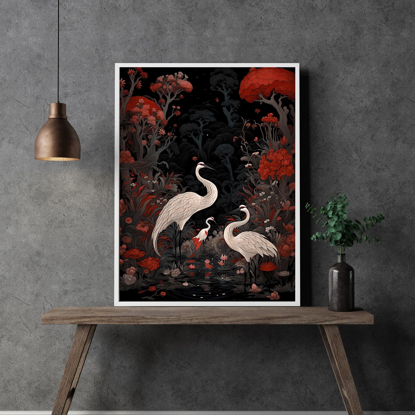 Japanese Crane Art Vintage Japanese Paper Poster Prints Wall Art Oriental Bird Artwork Japandi Style Decor Above Couch Decor Black and Red Painting
