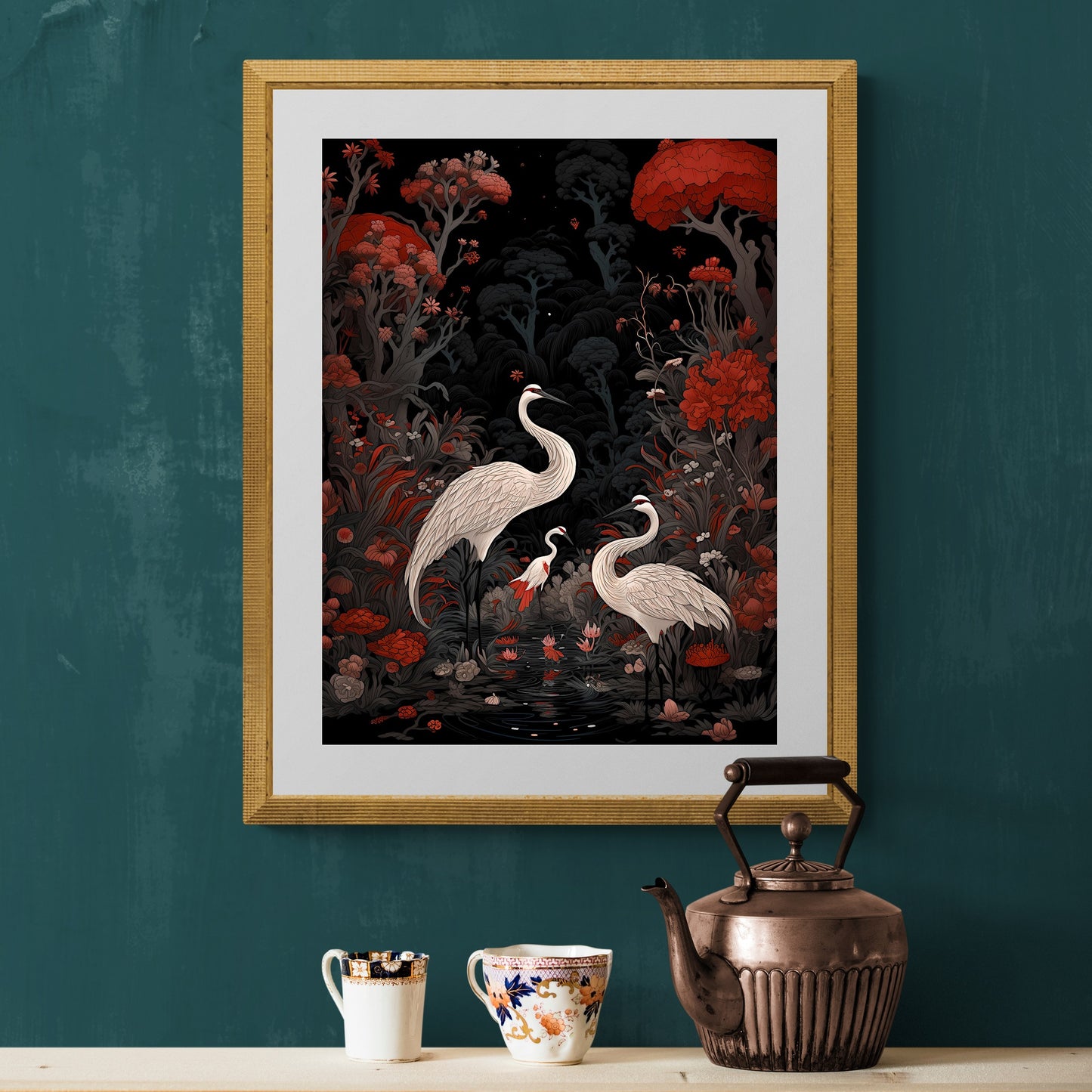 Japanese Crane Art Vintage Japanese Paper Poster Prints Wall Art Oriental Bird Artwork Japandi Style Decor Above Couch Decor Black and Red Painting