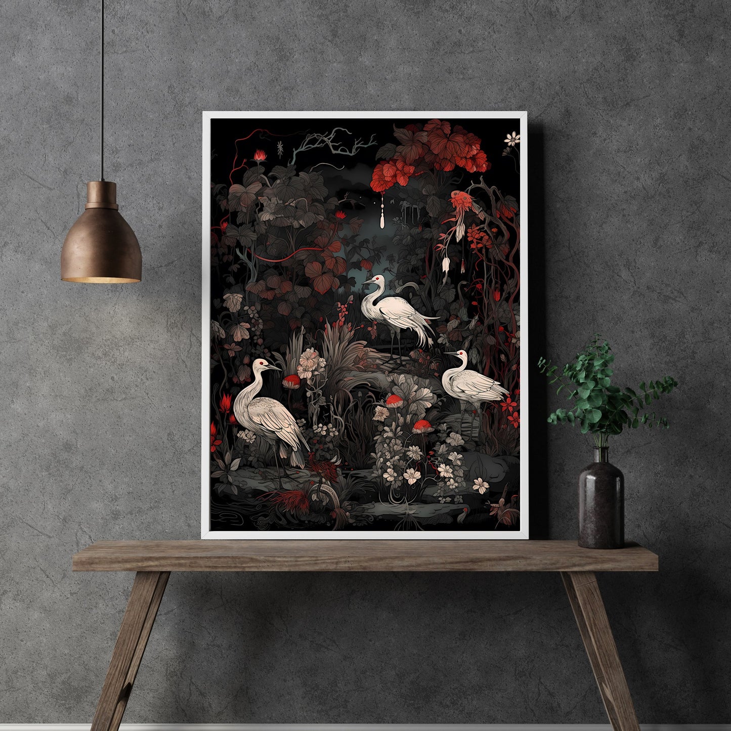 Japanese Crane Art Vintage Japanese Paper Poster Prints Wall Art Oriental Bird Artwork Japandi Style Decor Above Couch Decor Black and Red Painting