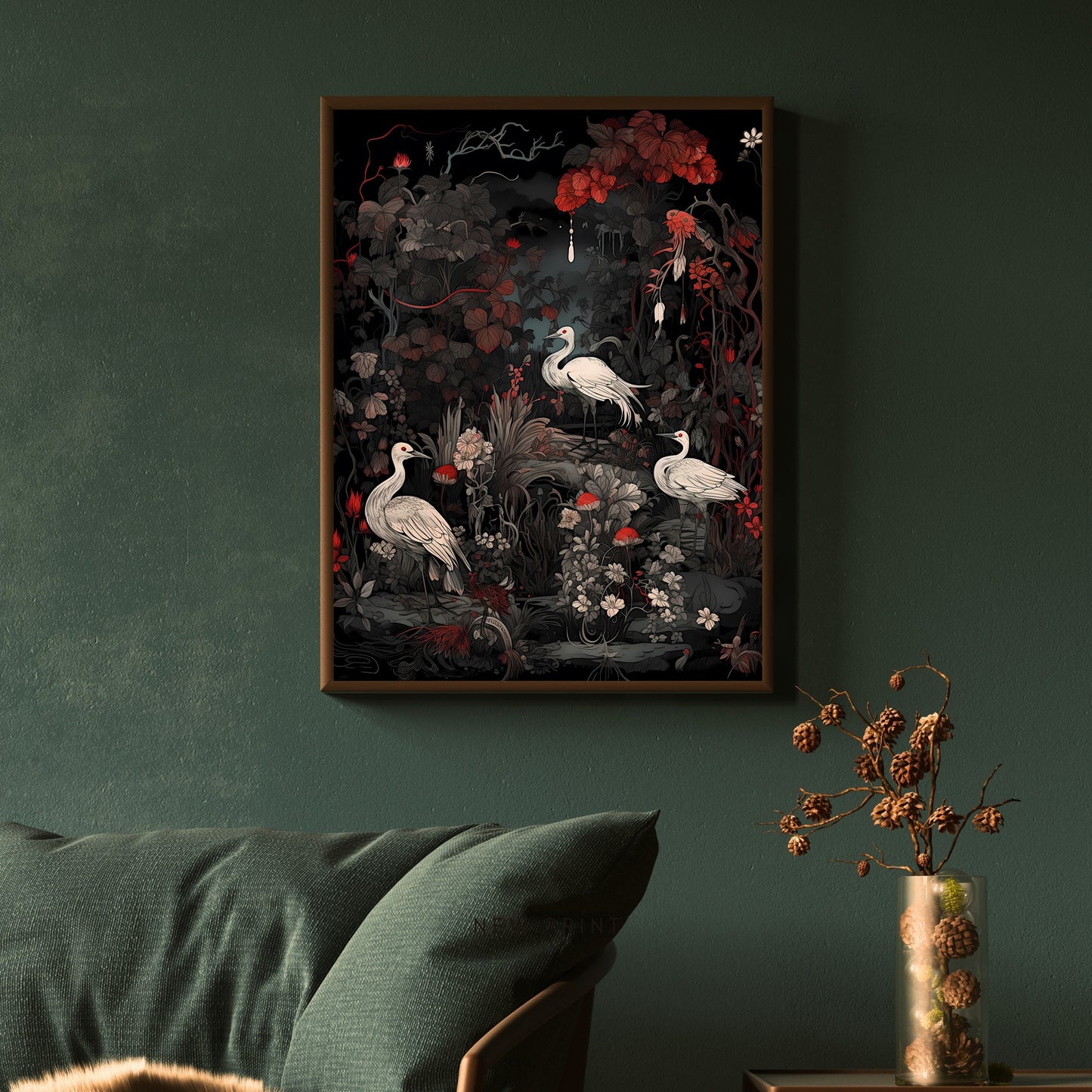 Japanese Crane Art Vintage Japanese Paper Poster Prints Wall Art Oriental Bird Artwork Japandi Style Decor Above Couch Decor Black and Red Painting