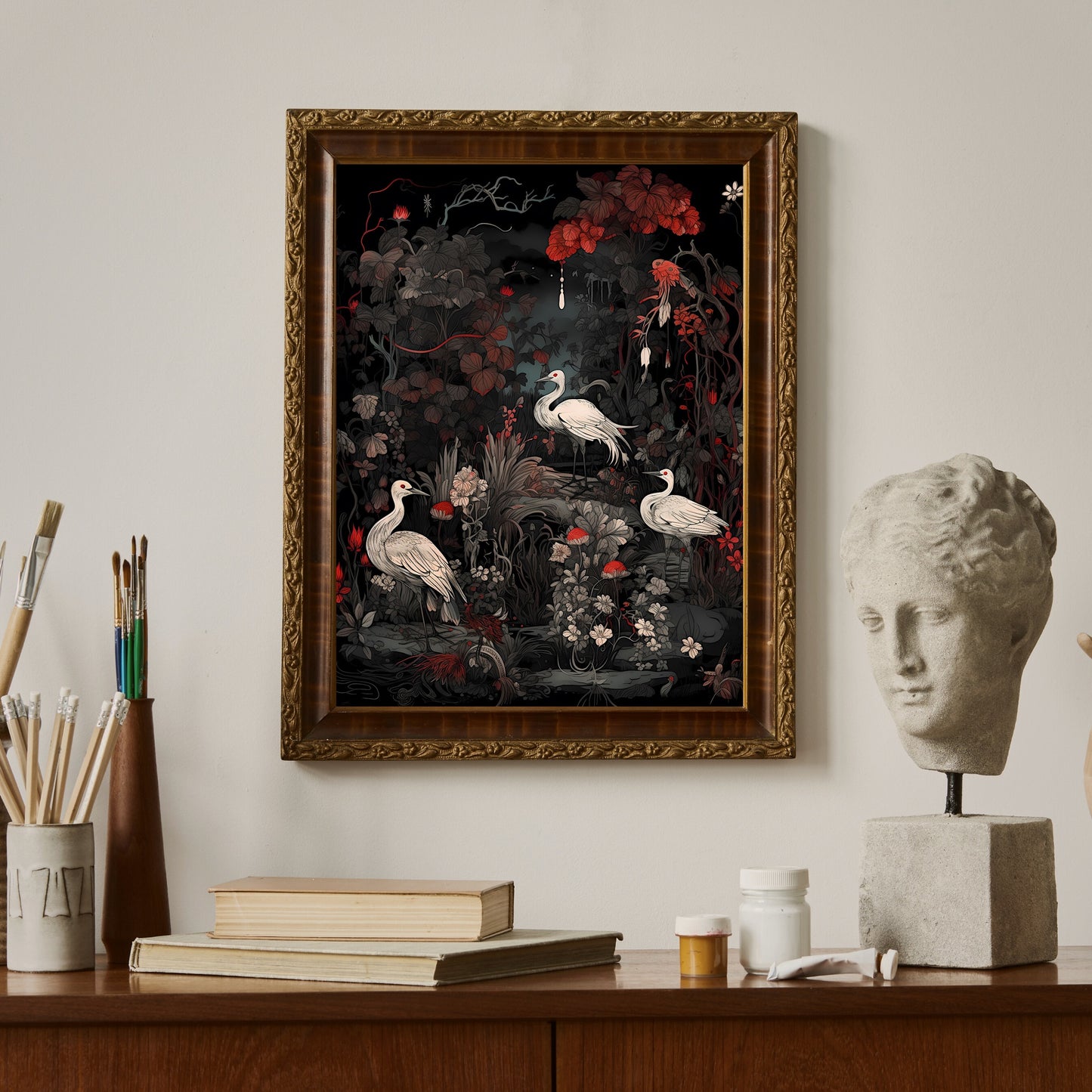Japanese Crane Art Vintage Japanese Paper Poster Prints Wall Art Oriental Bird Artwork Japandi Style Decor Above Couch Decor Black and Red Painting