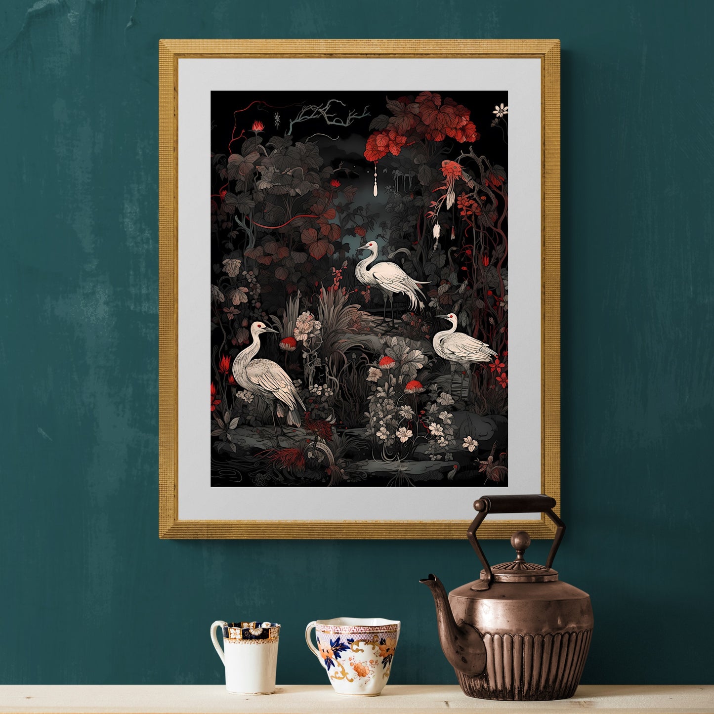 Japanese Crane Art Vintage Japanese Paper Poster Prints Wall Art Oriental Bird Artwork Japandi Style Decor Above Couch Decor Black and Red Painting