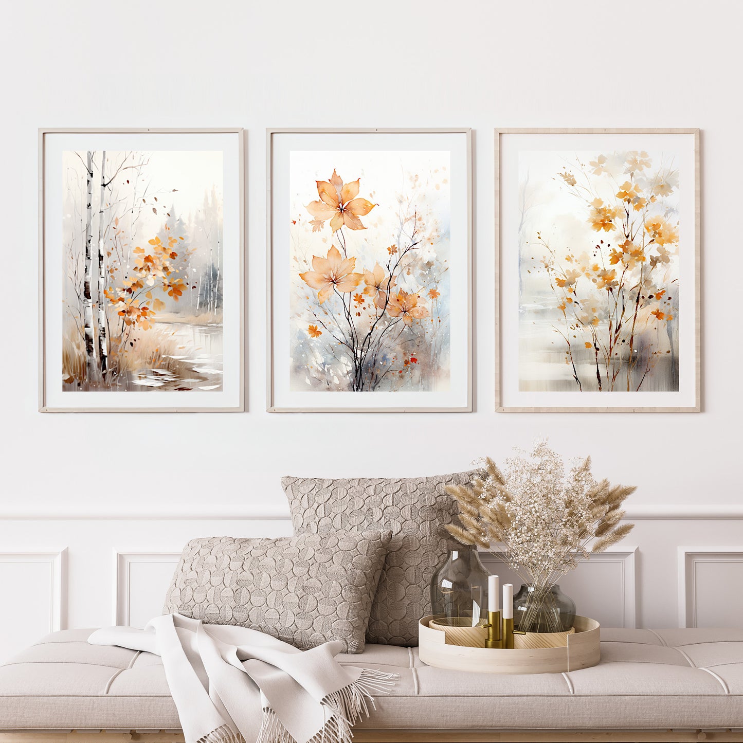 Autumn Watercolor Paper Poster Prints Wall Art Set of 3 Prints Fall Living Room Decor Autumn Farmhouse Decor Cottagecore Gallery Set Artwork