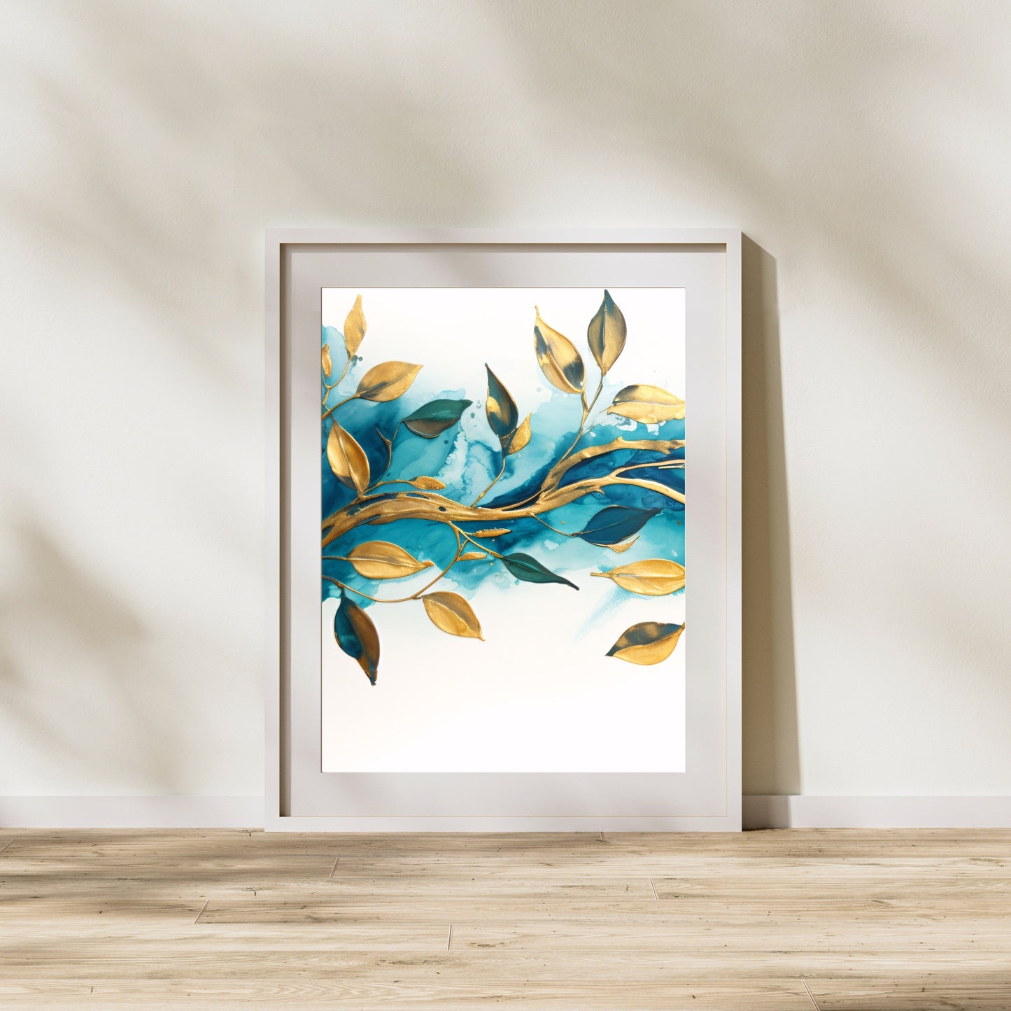 Petrol and Gold Wall Art Set of 3 Prints Abstract Petrol Design on White Background and Golden Leaves Living Room Decor Paper Poster Prints