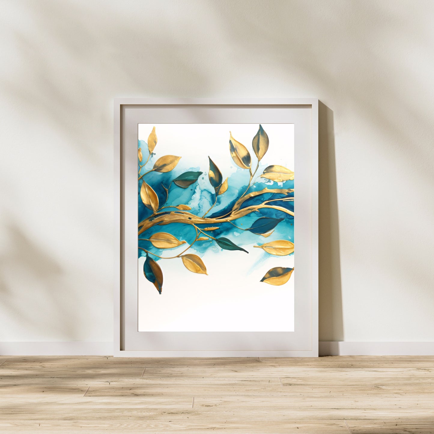 Petrol- und Gold-Wandkunst-Set mit 3 Drucken, abstraktes Petrol-Design auf weißem Hintergrund und goldenen Blättern, Wohnzimmer-Dekorpapier-Posterdrucke